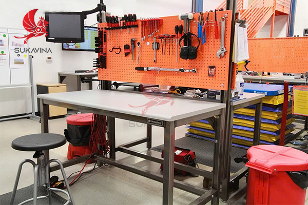 Không gian làm việc gọn gàng, bàn thao tác công nghiệp có pegboard dụng cụ